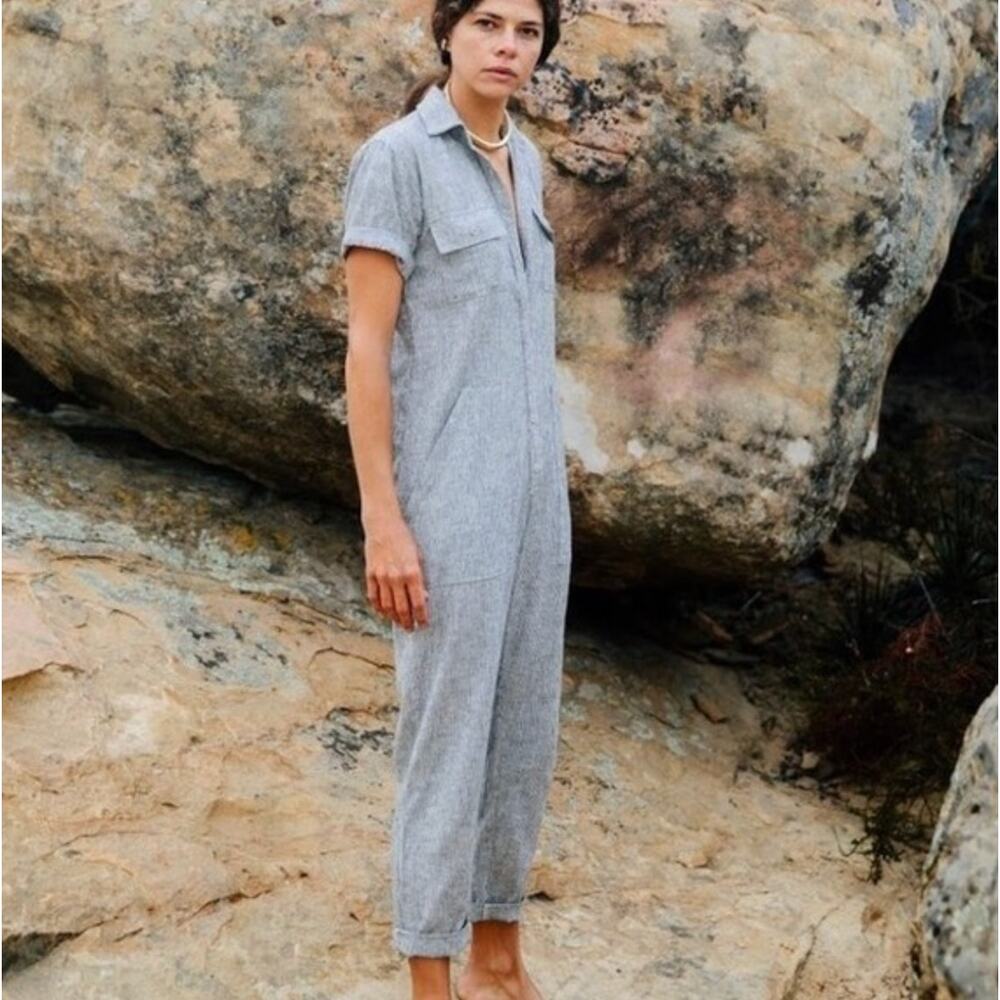 Ozma Painters Gray Ticking Striped Thin Cotton Jumpsuit Size XS